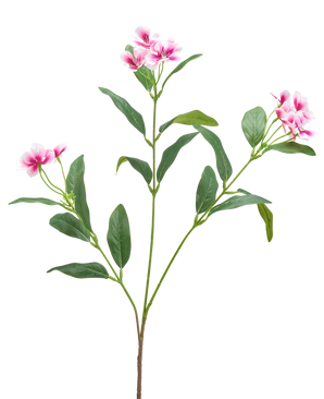 Un fiore artificiale di Catharanthus di 68 cm in fucsia/crema con foglie verdi lunghe e sottili e grappoli di fiori a cinque petali è mostrato su uno sfondo bianco semplice.