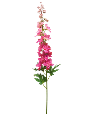 Un singolo stelo di fiore artificiale Delphinium fucsia da 79 cm con vivaci fiori stratificati, foglie verdi e boccioli non aperti, su uno sfondo bianco.
