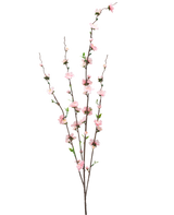 De Kunstbloem Bloesem 93 cm roze heeft drie slanke bruine takken met kleine lichtroze bloesems en groene bladeren, verspreid over de stelen voor een delicate, luchtige uitstraling tegen een witte achtergrond.