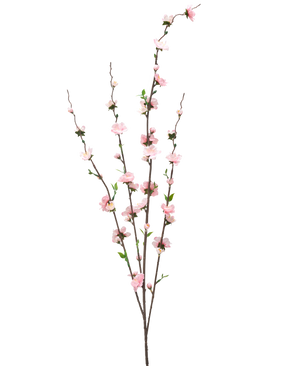 Il fiore artificiale rosa da 93 cm ha tre rami sottili marroni con piccoli fiori rosa pallido e foglie verdi, distribuiti sugli steli per un aspetto delicato e arioso su uno sfondo bianco.