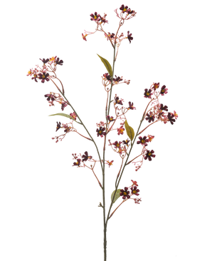 Il fiore artificiale Daphne 108 cm bordeaux ha un unico stelo con diversi rami sottili, piccoli fiori viola scuro e rosa con un cuore giallo e alcune foglie verdi su uno sfondo bianco semplice.