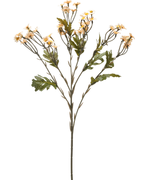 Il fiore artificiale Mini Daisy crema da 61 cm è un singolo stelo di fiore artificiale con rami multipli, foglie verdi e piccoli fiori color crema simili a margherite su uno sfondo bianco semplice.