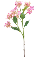 De Kunstbloem Wilde Hortensia 62 cm roze heeft een enkele stengel met verschillende trossen kleine roze en witte bloemen en groene bladeren, geïsoleerd op een witte achtergrond.