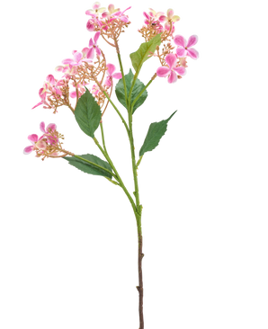 Il fiore artificiale Ortensia selvatica 62 cm rosa ha un unico stelo con diversi mazzi di piccoli fiori rosa e bianchi e foglie verdi, isolati su sfondo bianco.
