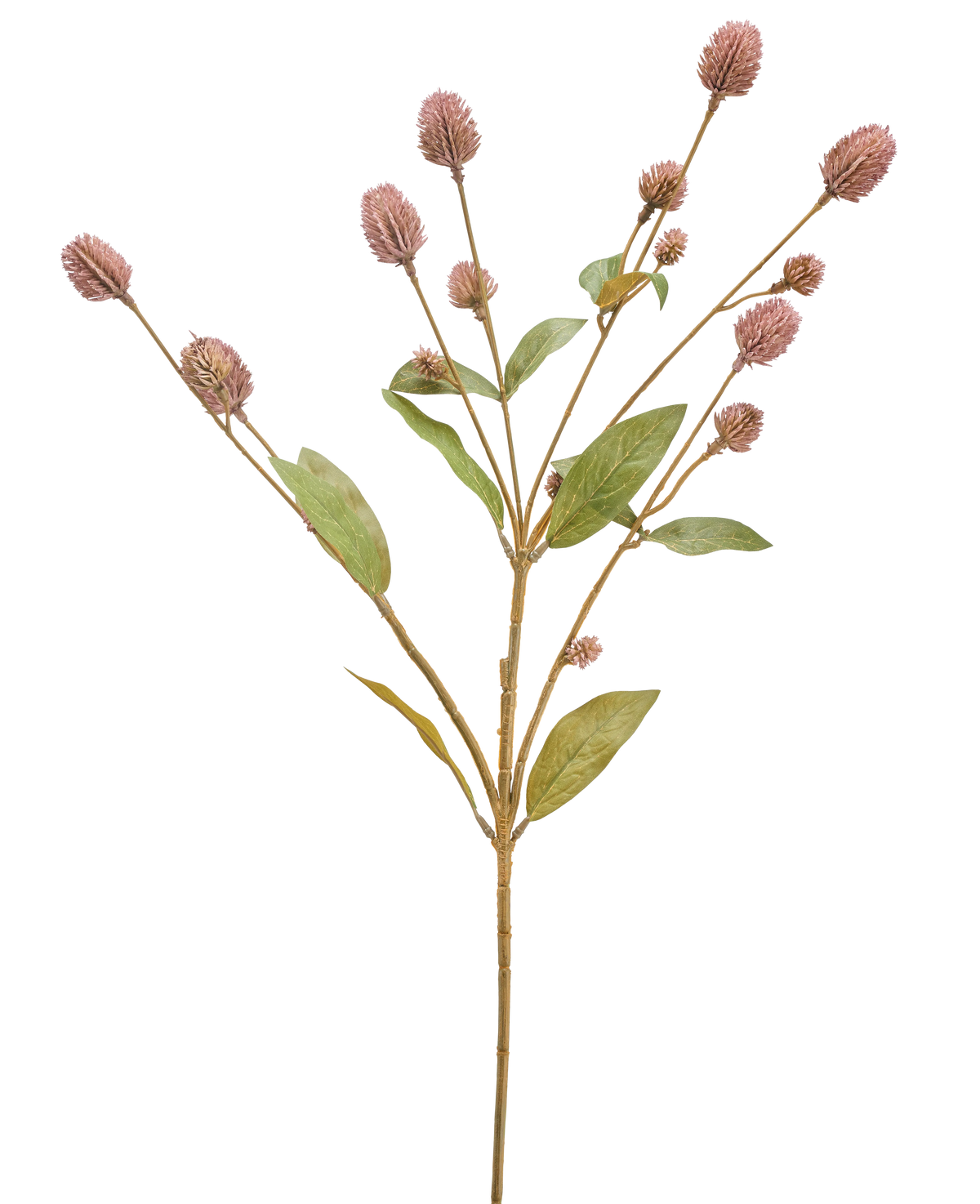 Il fiore artificiale Globosa 69 cm malva è un unico stelo artificiale con rami multipli, foglie verdi allungate e mazzi di piccoli boccioli di fiori color malva, su sfondo bianco.