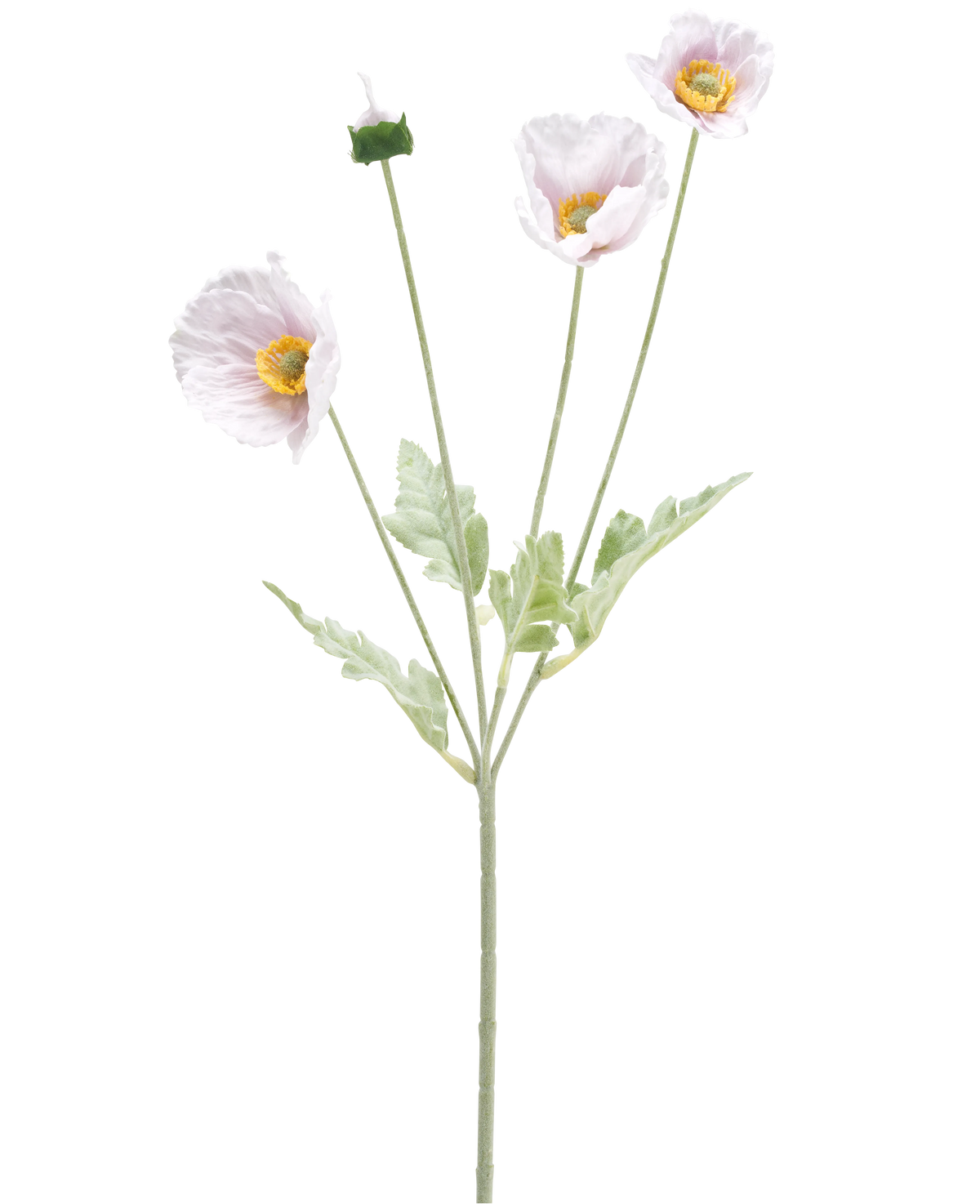 Il fiore artificiale Papavero Real Touch viola 60 cm ha un unico stelo con tre fiori di papavero viola chiaro, un bocciolo chiuso, cuori gialli, petali delicati e foglie verde chiaro su sfondo bianco.