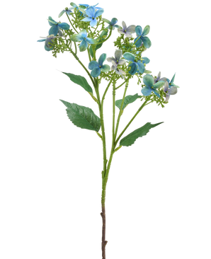 Il fiore artificiale Ortensia selvatica 62 cm blu/verde ha un unico stelo artificiale con mazzi di fiori blu e verdi e alcune foglie verdi, raffigurate su sfondo bianco.