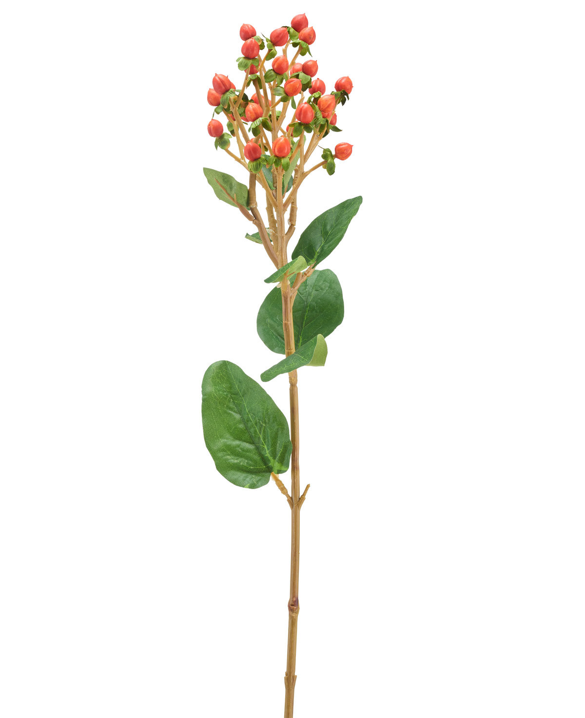 Un unico fiore artificiale di Iperico di 65 cm con grappoli di piccole bacche arancio/rosse e foglie verdi su sfondo chiaro.