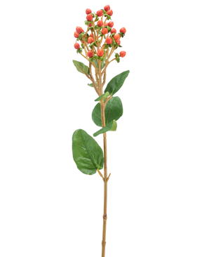 Un unico fiore artificiale di Iperico di 65 cm con grappoli di piccole bacche arancio/rosse e foglie verdi su sfondo chiaro.