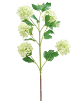 De Kunstbloem Sneeuwbal 77 cm groen heeft een enkele groene stengel met meerdere takken, elk versierd met trosjes ronde, lichtgroene bloemen en verschillende groene bladeren, allemaal geïsoleerd op een witte achtergrond.