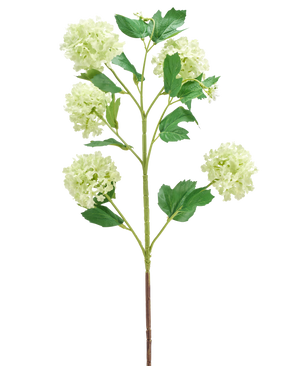 Il fiore artificiale Palla di neve verde da 77 cm ha un unico stelo verde con più rami, ciascuno decorato con mazzi di fiori rotondi di colore verde chiaro e diverse foglie verdi, il tutto isolato su uno sfondo bianco.