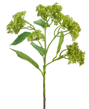 Un fiore artificiale di ortensia di 56 cm verde/rosso con stelo verde con mazzi di boccioli verdi compatti e foglie allungate, raffigurato su sfondo bianco.