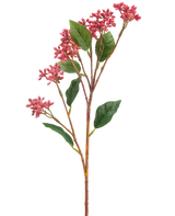 De Kunstbloem Japanse Bes 62 cm donker roze heeft een enkele kunststengel met trosjes kleine donkerroze bloemen en enkele groene bladeren, tegen een witte achtergrond.