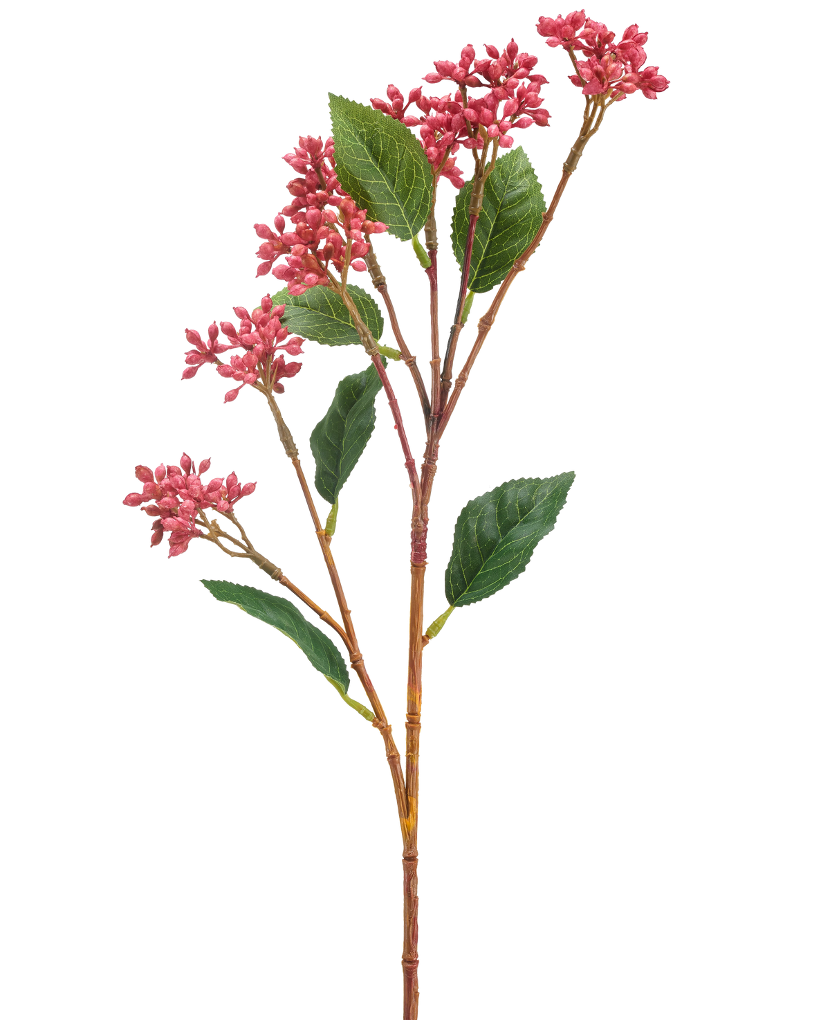 Il fiore artificiale Bacca giapponese 62 cm rosa scuro ha un unico stelo artificiale con mazzi di piccoli fiori rosa scuro e alcune foglie verdi, su sfondo bianco.