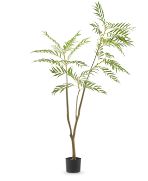 La pianta artificiale Mahonia 150 cm è un alto albero artificiale in vaso con tronchi marroni sottili e foglie verdi lunghe e strette, raffigurato su uno sfondo bianco a tinta unita.
