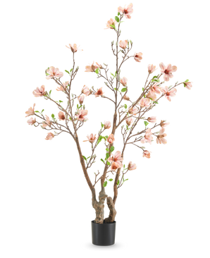 La pianta artificiale Magnolia 180 cm è un albero artificiale in vaso con rami multipli, fiori rosa chiaro e foglie verdi su uno sfondo bianco a tinta unita.