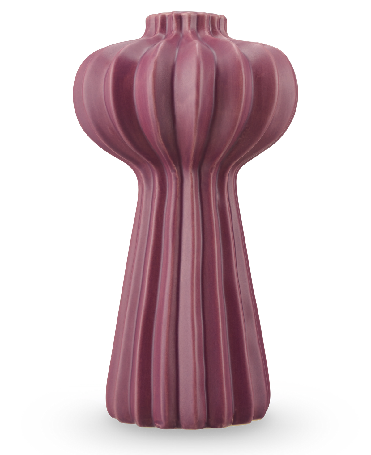 Il vaso Morning Dawdrop viola da 25 cm è un vaso alto e scultoreo con una finitura opaca, viola intenso, creste verticali e una parte superiore bulbosa che si assottiglia verso una base sottile, su uno sfondo bianco semplice.