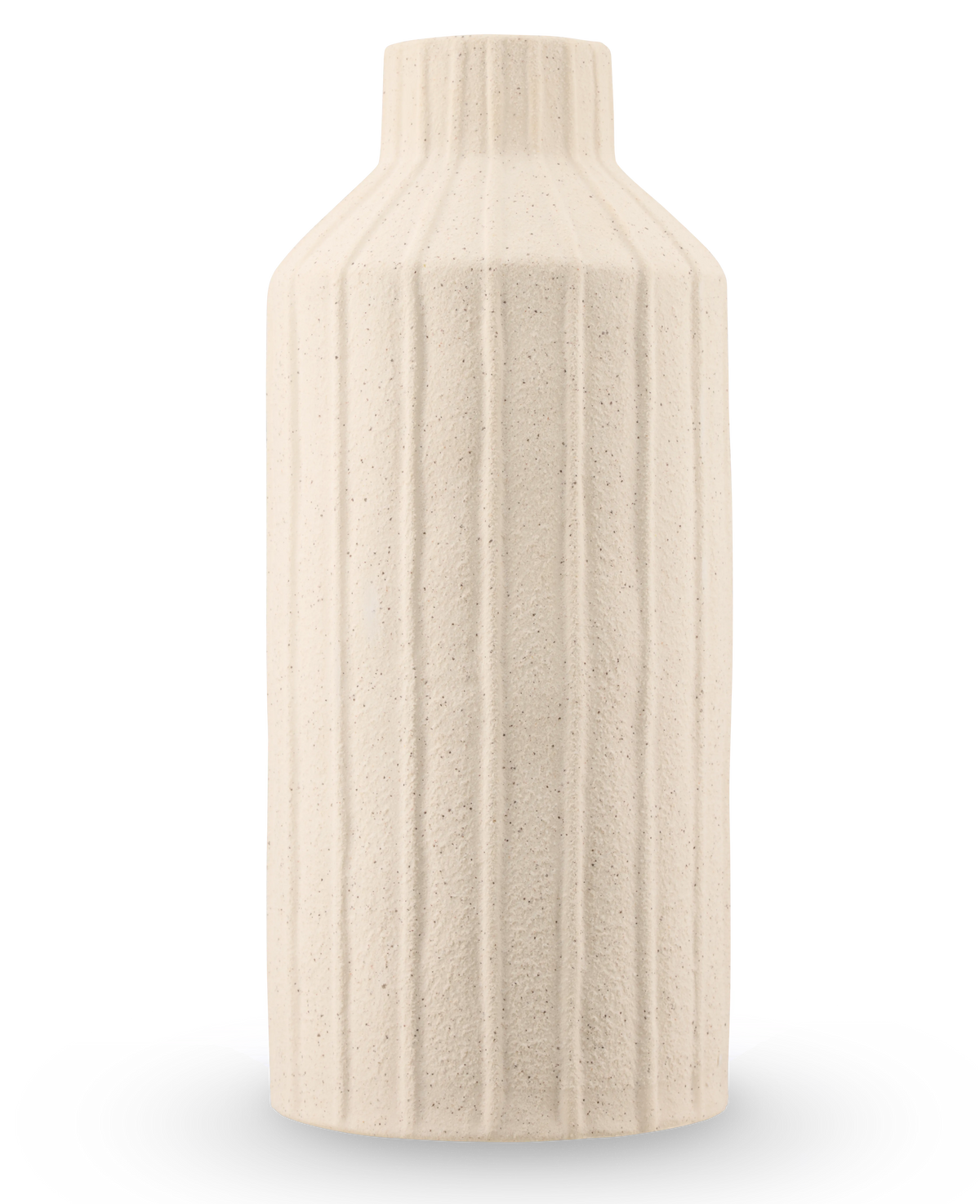 Il vaso Forest Curve 30 cm beige è un vaso alto e cilindrico in ceramica con una superficie opaca e strutturata con motivi a coste verticali e un collo stretto.