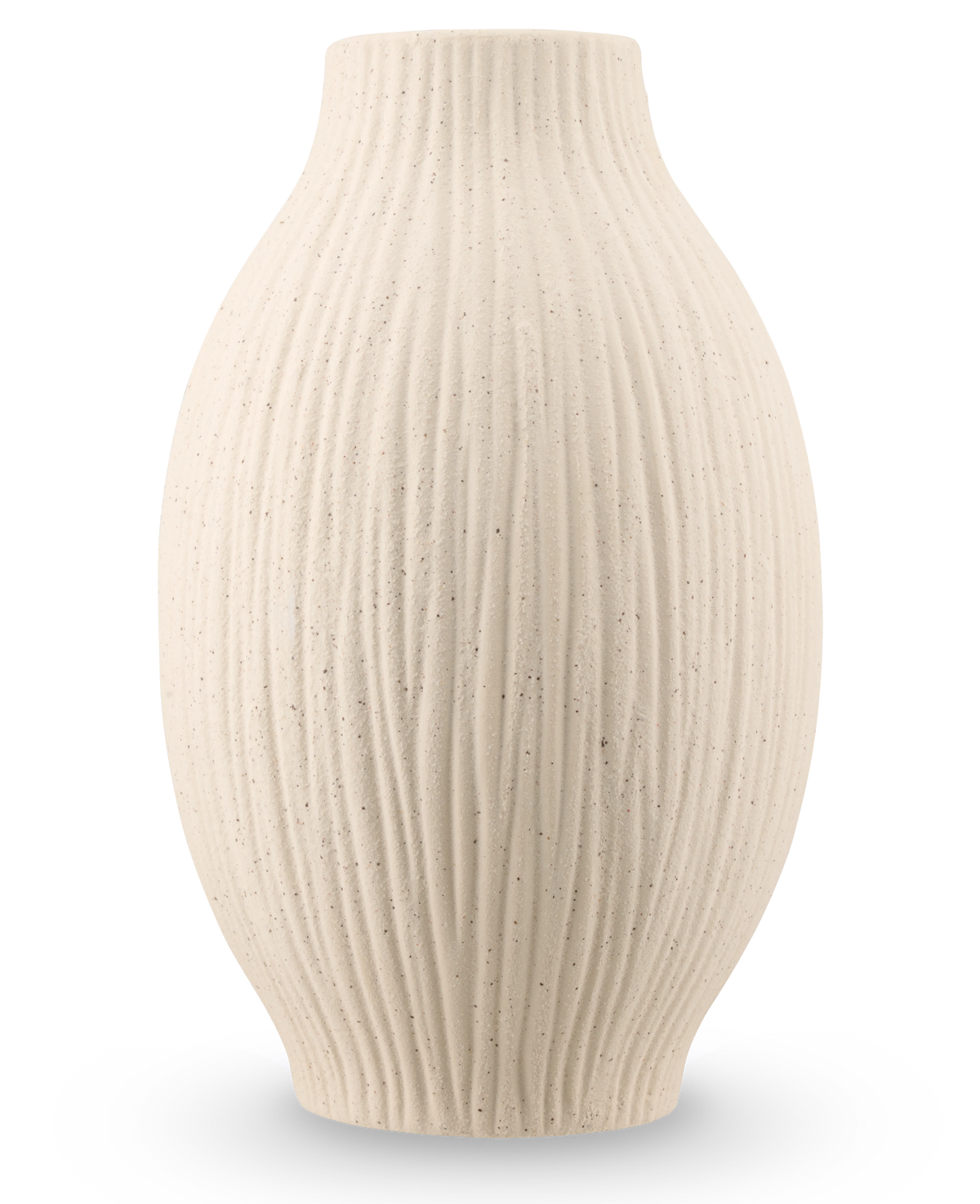 Il vaso Silent Leaf 25 cm in beige è un vaso realizzato in ceramica strutturata con un corpo rotondo, collo stretto e linee a coste verticali, su uno sfondo bianco a tinta unita.