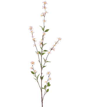 Il fiore artificiale Flowers Blush da 119 cm è un ramo artificiale alto e snello con delicati fiori bianchi e foglie verdi su tutta la lunghezza, su uno sfondo bianco semplice.