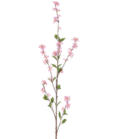 De Kunstbloem Bloemen 119 cm roze heeft een hoge enkele tak met kleine roze bloemen en groene bladeren op dunne bruine stelen, tegen een effen witte achtergrond.