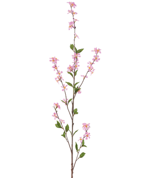 Il fiore artificiale fiori rosa da 119 cm ha un ramo singolo alto con piccoli fiori rosa e foglie verdi su sottili steli marroni, su uno sfondo bianco semplice.