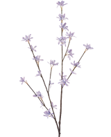 De Kunstbloem Wilde bloemen 112 cm lila heeft drie slanke bruine stelen met delicate paarse bloemen en smalle groene bladeren, tegen een effen witte achtergrond.