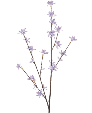 Il fiore artificiale fiori di campo da 112 cm lilla ha tre sottili steli marroni con delicati fiori viola e strette foglie verdi, su uno sfondo bianco semplice.