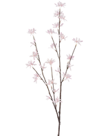 De Kunstbloem Wilde bloemen 112 cm lichtroze is een enkele bruine tak met meerdere dunne stelen, elk versierd met kleine, delicate lichtroze bloemen, weergegeven op een effen witte achtergrond.