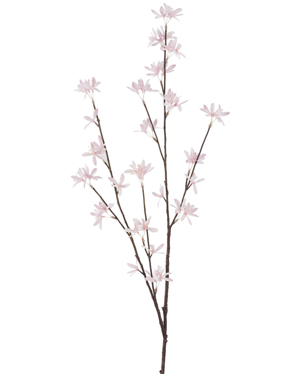 Il fiore artificiale fiori di campo da 112 cm rosa chiaro è un singolo ramo marrone con più steli sottili, ciascuno decorato con piccoli e delicati fiori rosa chiaro, visualizzati su un semplice sfondo bianco.