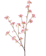 De Kunstbloem Bloemen 112 cm roze heeft een enkele bruine tak met meerdere uitlopers, versierd met trosjes kleine roze bloemen met een geel hart, tegen een effen witte achtergrond.