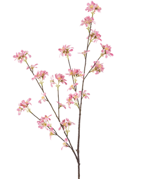 Il fiore artificiale Fiori rosa 112 cm ha un unico ramo marrone con molteplici germogli, decorato con mazzi di piccoli fiori rosa con un cuore giallo, su uno sfondo bianco semplice.
