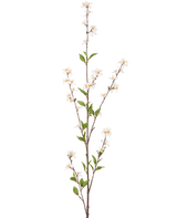 De Kunstbloem Bloemen 119 cm crème heeft een enkele hoge tak met crèmekleurige bloemen en groene bladeren langs de slanke bruine stelen, tegen een effen witte achtergrond.
