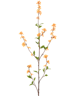 Un fiore artificiale alto e snello fiorisce di colore giallo 119 cm con diversi germogli con mazzi di piccoli fiori gialli e foglie verdi, isolati su uno sfondo bianco.