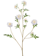 Een hoge kunststengel genaamd Kunstbloem Korenbloem 112 cm lichtblauw met meerdere takken, elk met lichtblauwe korenbloemen en groene bladeren, tegen een effen witte achtergrond.
