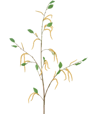 Il fiore artificiale Amaranto 147 cm giallo è composto da un ramo sottile con foglie verdi e diversi amenti gialli pendenti, raffigurati su sfondo bianco.