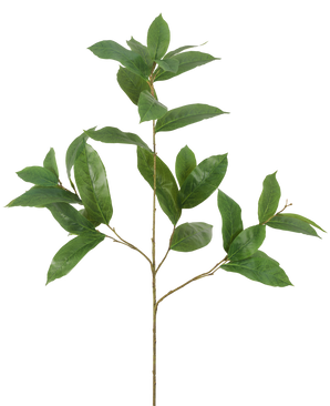 Il ramo artificiale con foglie verdi da 102 cm ha un unico ramo sottile con molteplici germogli, ciascuno decorato con diverse foglie allungate di colore verde lucido, su uno sfondo bianco semplice.