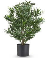 Pianta artificiale Podocarpus 47 cm, ignifuga, con sottili foglie verdi in vaso nero.