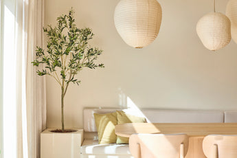 Een lichte eethoek met een houten tafel, een witte bank met kussens in groen en beige, papieren lantaarns, de Kunst Olijfboom van 150 cm in een stijlvolle pot en doorschijnende gordijnen waardoor het zonlicht zachtjes naar binnen valt.