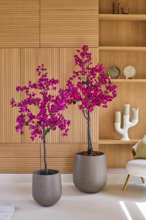Due piante in vaso del tipo Bougainvillea artificiale da 180 cm, di colore viola, con vivaci fiori viola stanno di fronte a una parete in legno chiaro e scaffali con oggetti decorativi come candele e piatti. Sulla destra c'è una sedia beige, che aggiunge un'atmosfera accogliente a questo vivace soggiorno con piante artificiali.