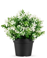 De Kunstplant Klavertje vier wit UV 22 cm is een zwarte bloempot met kunstmatige groene bladeren en kleine witte bloemen op een effen witte achtergrond.