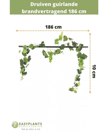 De Kunst Druiven guirlande brandvertragend 186 cm is 10 cm hoog, met groene bladeren en druiven. Ideaal als kunstplantdecoratie of brandvertragende slinger. Voorzien van Nederlandse tekst en Easyplants Kunstplanten logo onderaan.
