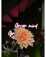 Een Kunst Georgine Real Touch lichtroze 70cm dahlia in focus, met een wazig neon "Open mind" bord en kleurrijke bloemen op de achtergrond.