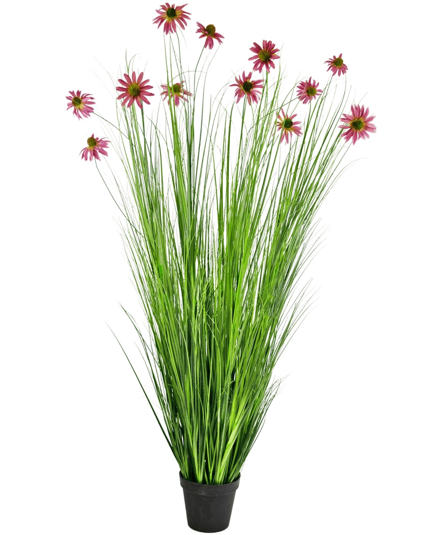 La pianta di erba artificiale crisantemo 180 cm ignifuga è una pianta artificiale in vaso con foglie alte e sottili verdi simili a erba e fiori di crisantemo rosa su lunghi steli, raffigurati su uno sfondo bianco.