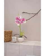 De Kunst Orchidee 28 cm wit/roze in pot staat op een betegeld oppervlak naast een gevlochten mand en een witte Diptyque geurkaars, tegen een lichte muur met een kale tak erboven.