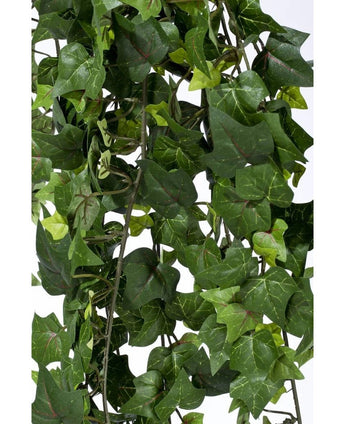 Close-up van dichte, groene bladeren met zichtbare nerven en stengels aan de Kunst klimop hangplant 125 cm brandvertragend, tegen een effen witte achtergrond.