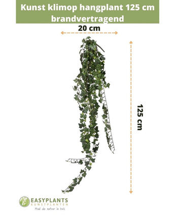 De Kunst klimop hangplant 125 cm brandvertragend is afgebeeld tegen een witte achtergrond met maataanduidingen en het Easyplants Kunstplanten logo onderaan.
