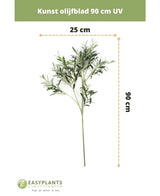 Brandvertragend kunst olijfblad 90 cm met groene bladeren, ideaal als mediterrane decoratie. UV-bestendig en 25 cm breed. Tekst: Kunst olijfblad 90 cm brandvertragend. EASYPLANTS-logo onderaan.