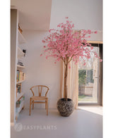 De Kunstboom Kersenbloesem roze 240 cm met roze bloesems staat bij een raam in een lichte, moderne kamer. Een houten stoel staat vlakbij, met links boekenplanken en zonlicht dat door de transparante gordijnen naar binnen schijnt.