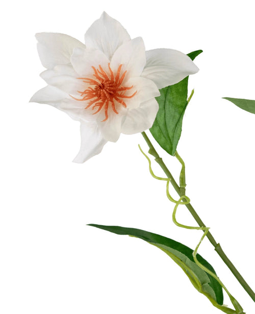 La Clematide artificiale Real Touch White 88 cm ha un singolo fiore bianco con stami arancioni e foglie verdi su un gambo sottile, isolato su uno sfondo bianco.